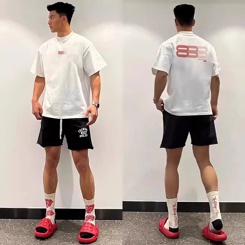 ins潮牌创意格子印花棉纯短袖T恤男oversize街头风百搭正肩打底衫