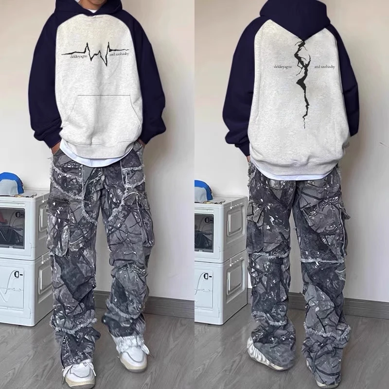 美式潮流字母印花撞色连帽卫衣男秋冬季潮牌宽松休闲拼接外套上衣