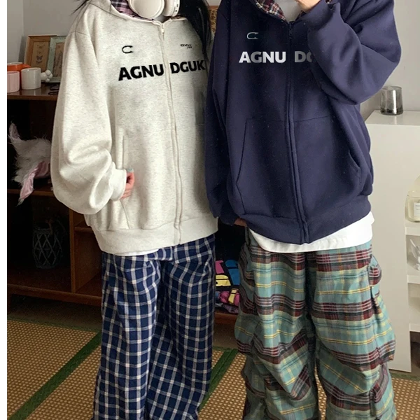 潮牌设计感格子帽开衫外套男秋冬季情侣百搭简约字母印花连帽卫衣