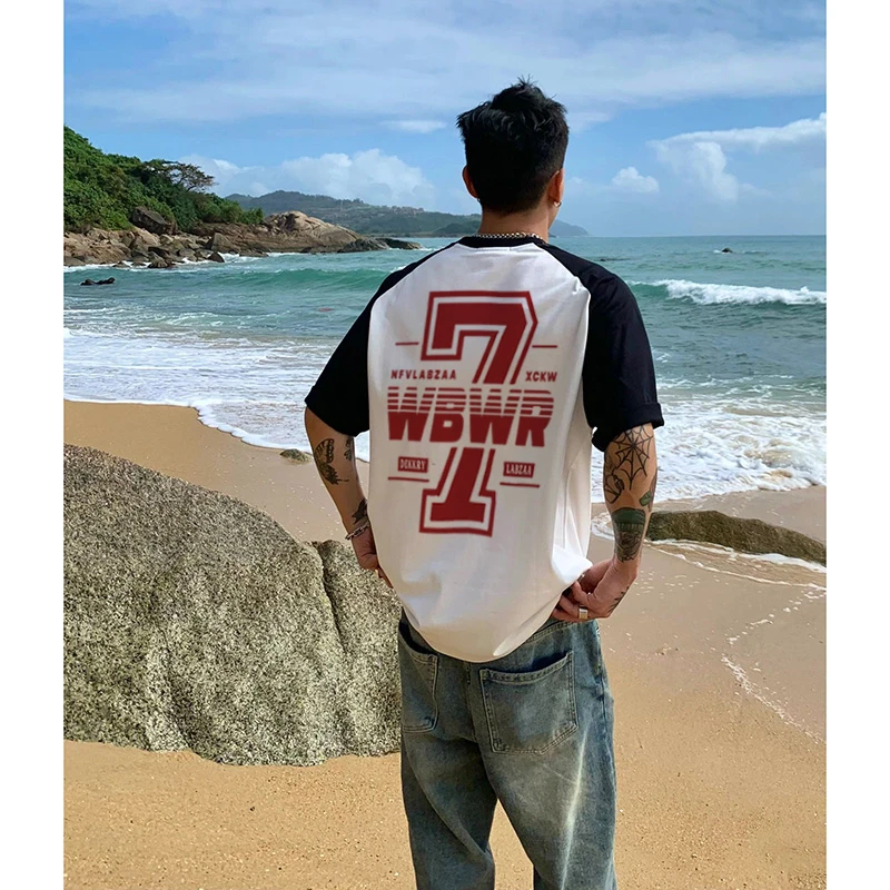 美式灌篮vibe街头撞色拼接棉纯短袖t恤男夏季字母印花球队上衣ins