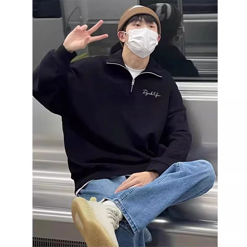 美式个性字母印花立领半拉链卫衣男冬季潮牌休闲加厚百搭套头上衣