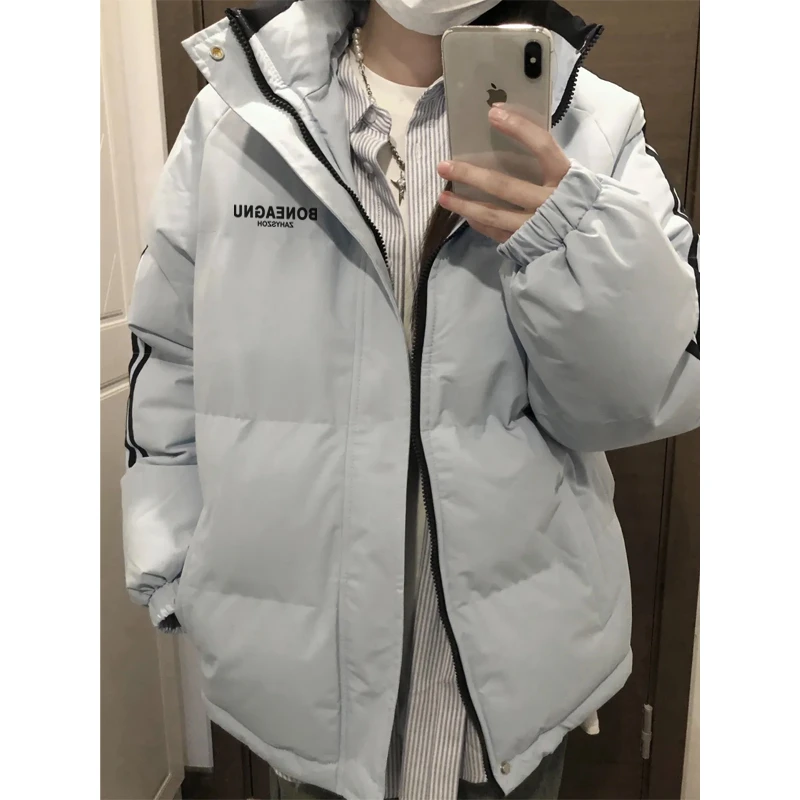 美式潮牌简约风字母印花三条杠灰色棉服男冬季休闲百搭情侣面包服