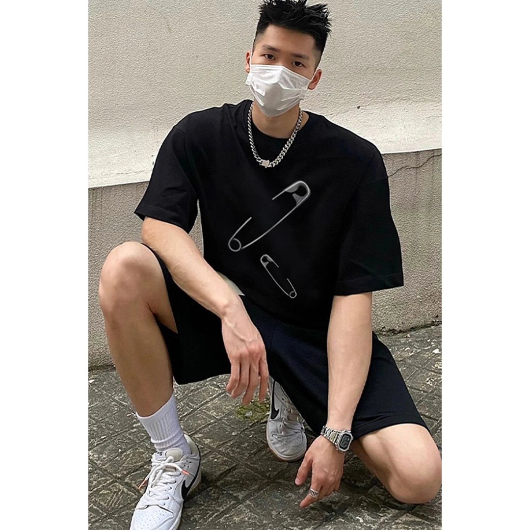 100%重磅纯棉小众创意别针印花短袖T恤女情侣款ins国潮中性风上衣