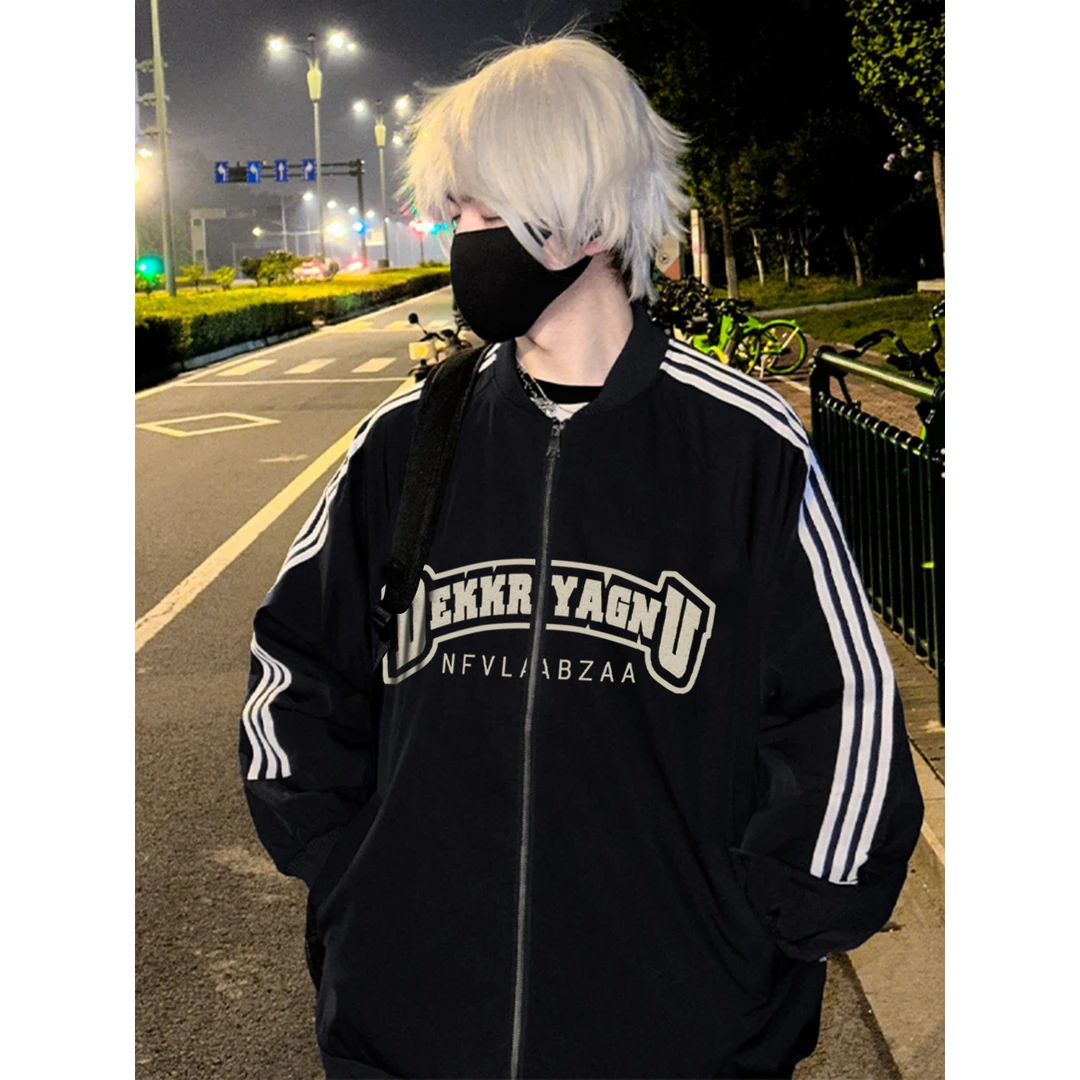 美式ins字母印花全拉链黑色外套男秋冬季高街风百搭三条杠POLO衫