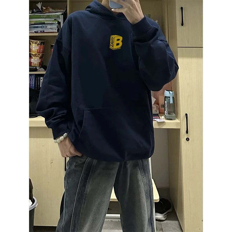 2025秋冬季宽松百搭个性连帽口袋卫衣男创意立体字母印花重磅上衣