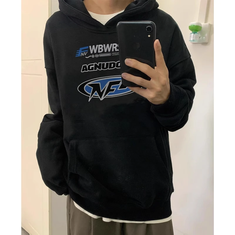 hiphop美式创意字母印花连帽卫衣男秋季潮牌复古休闲宽松外套上衣