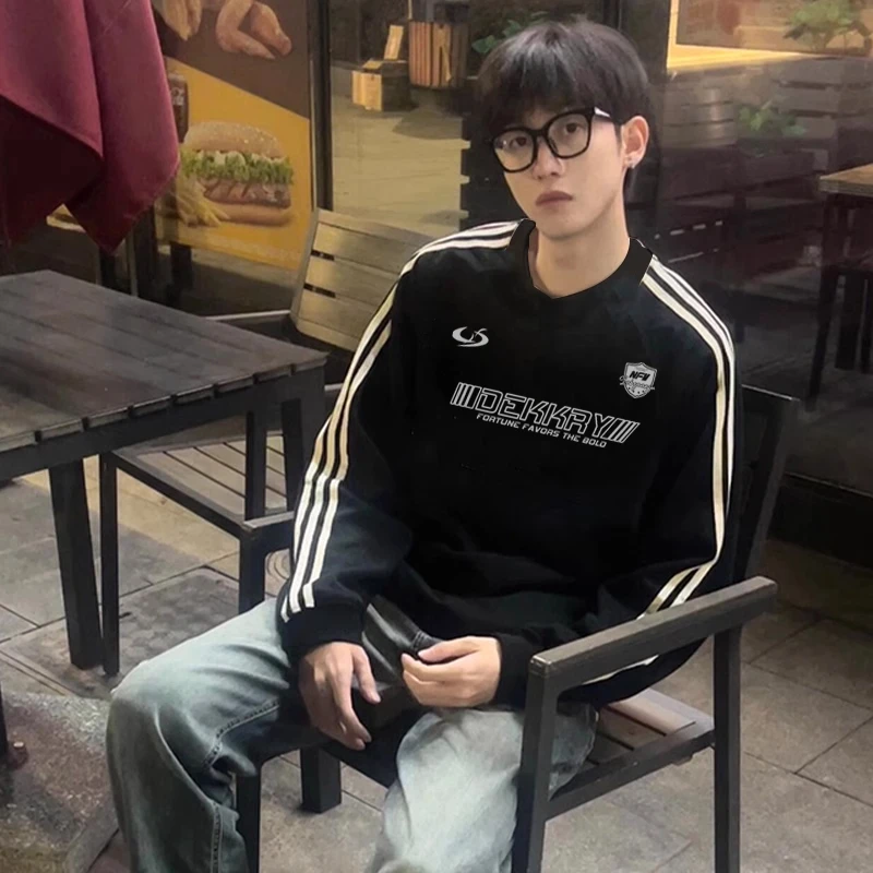 美式简约原创字母印花长袖t恤男秋季潮牌百搭宽松纯棉三条杠上衣