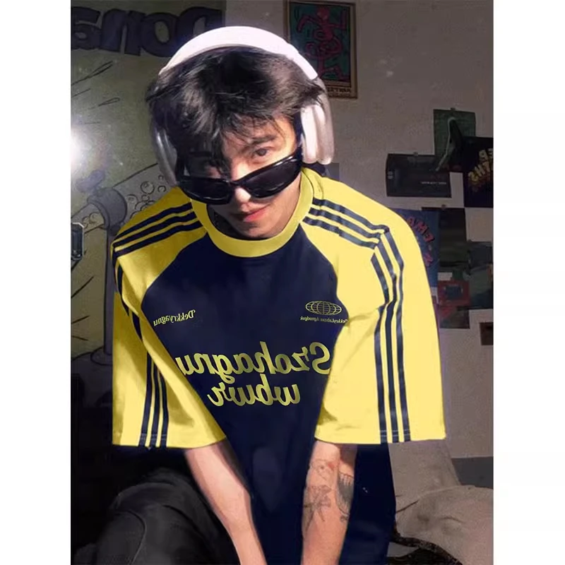 美式字母印花三条杠黄拼藏青色插肩上衣服夏季百搭纯棉短袖T恤男