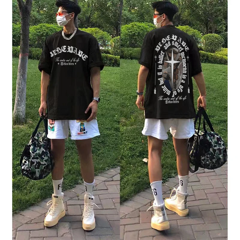 美式复古重磅棉纯短袖T恤男款夏季宽松街头潮牌字母印花休闲上衣