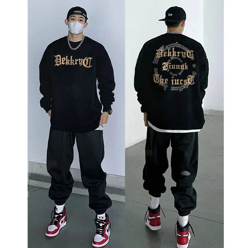 美式复古字母印花长袖T恤男ins潮牌高街宽松重磅棉纯打底上衣男生