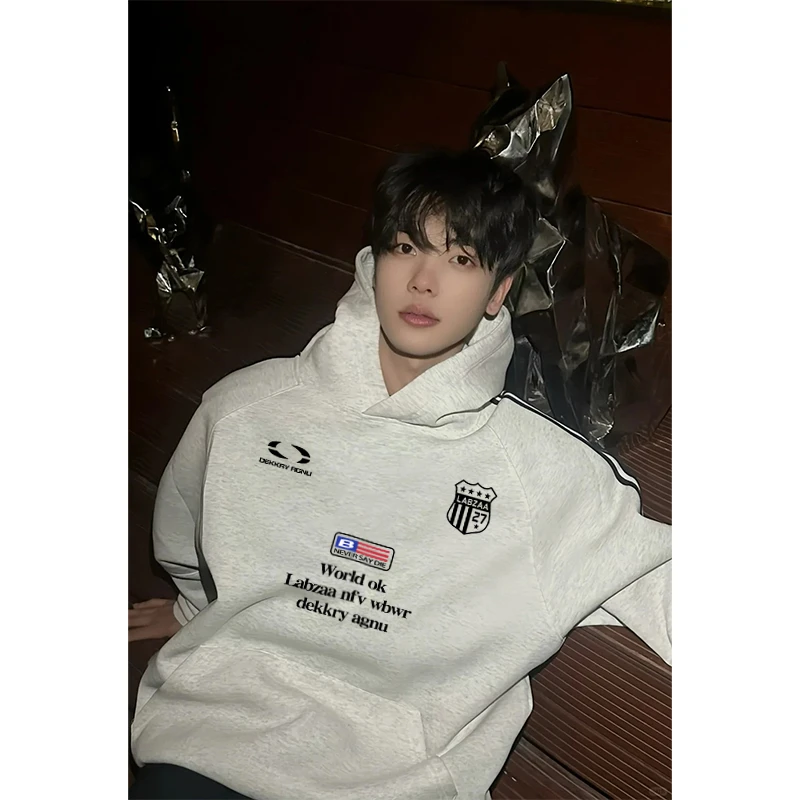 美式创意复古字母印花三条杠连帽卫衣男秋季潮牌宽松休闲套头上衣