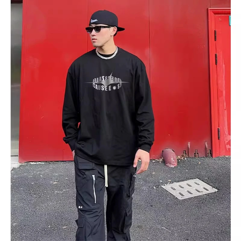 痞帅创意心形字母印花纯棉长袖T恤男秋季ins潮牌百搭无帽打底上衣