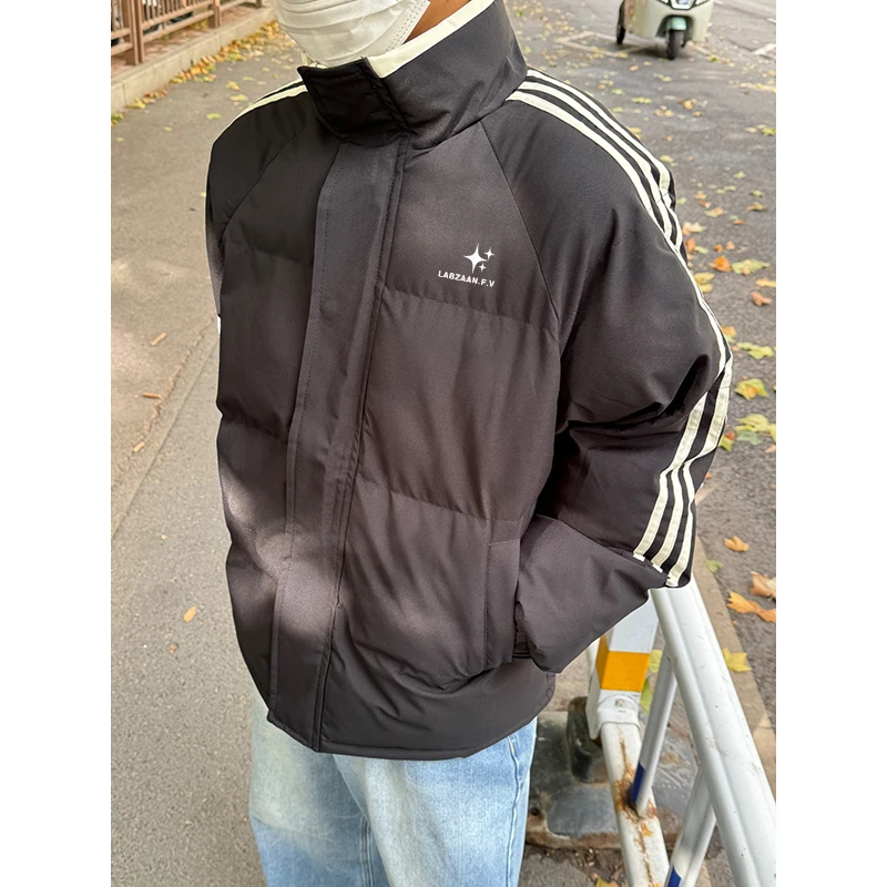 冬季潮牌创意星星字母印花立领棉服美式休闲百搭加厚三条杠面包服