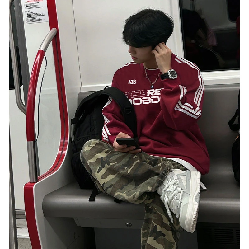 vintage高级感字母印花三条杠无帽圆领男士卫衣ins潮牌秋冬季上衣