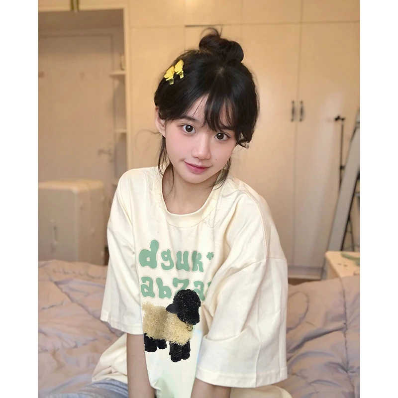 奶黄色纯棉短袖女2023年夏季新款小羊印花设计感小众情侣t恤上衣