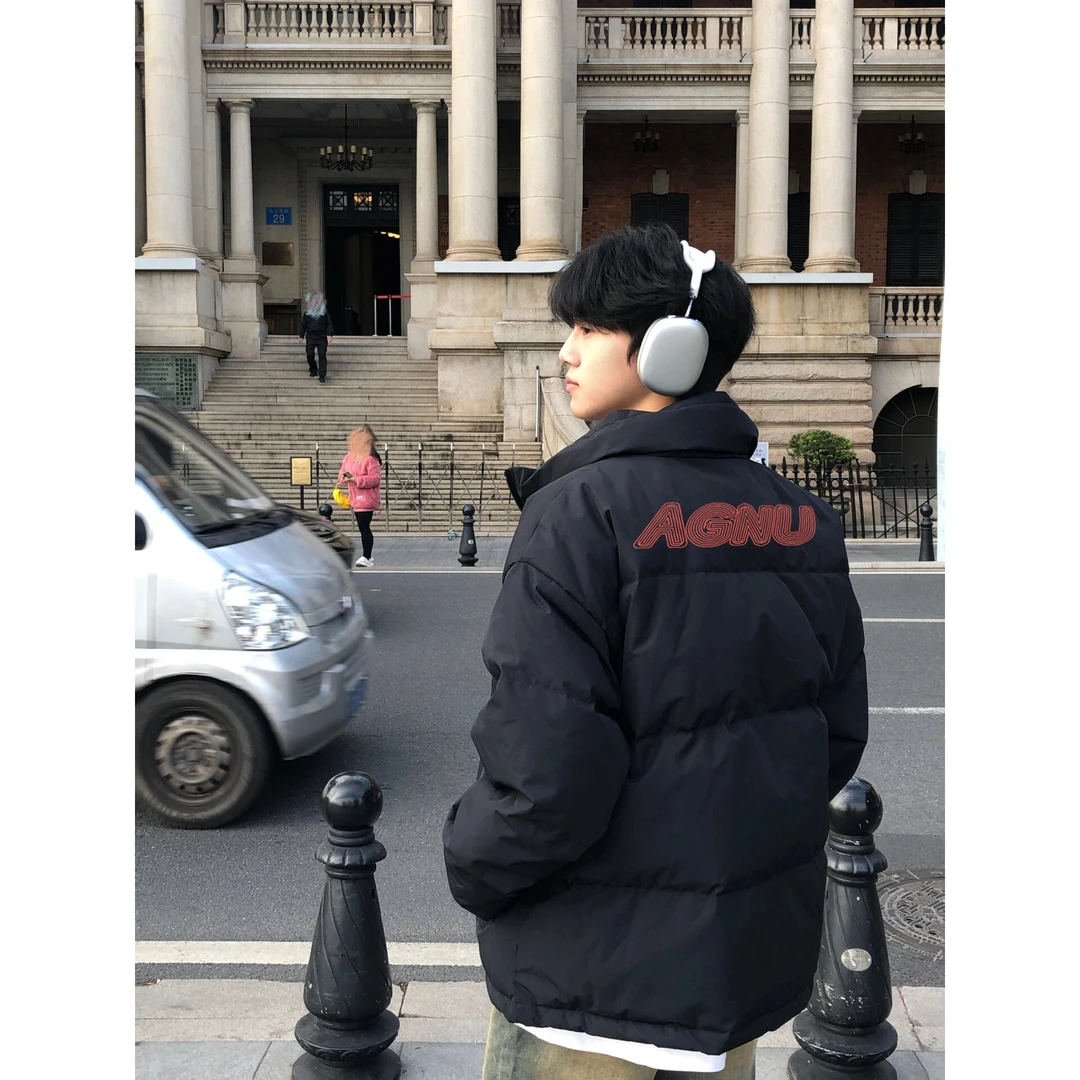 美式高级感字母印花立领面包棉服男士秋冬季加绒加厚保暖棉衣外套