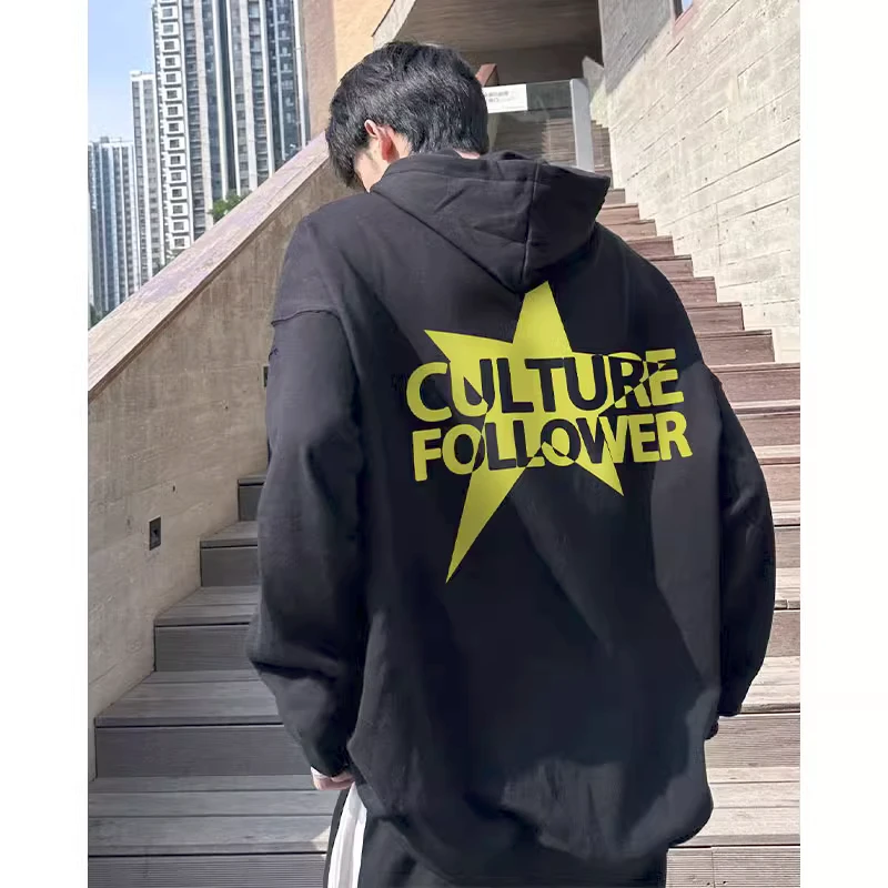 欧美式高街星星字母印花印花连帽卫衣男秋冬潮牌宽松休闲加绒上衣