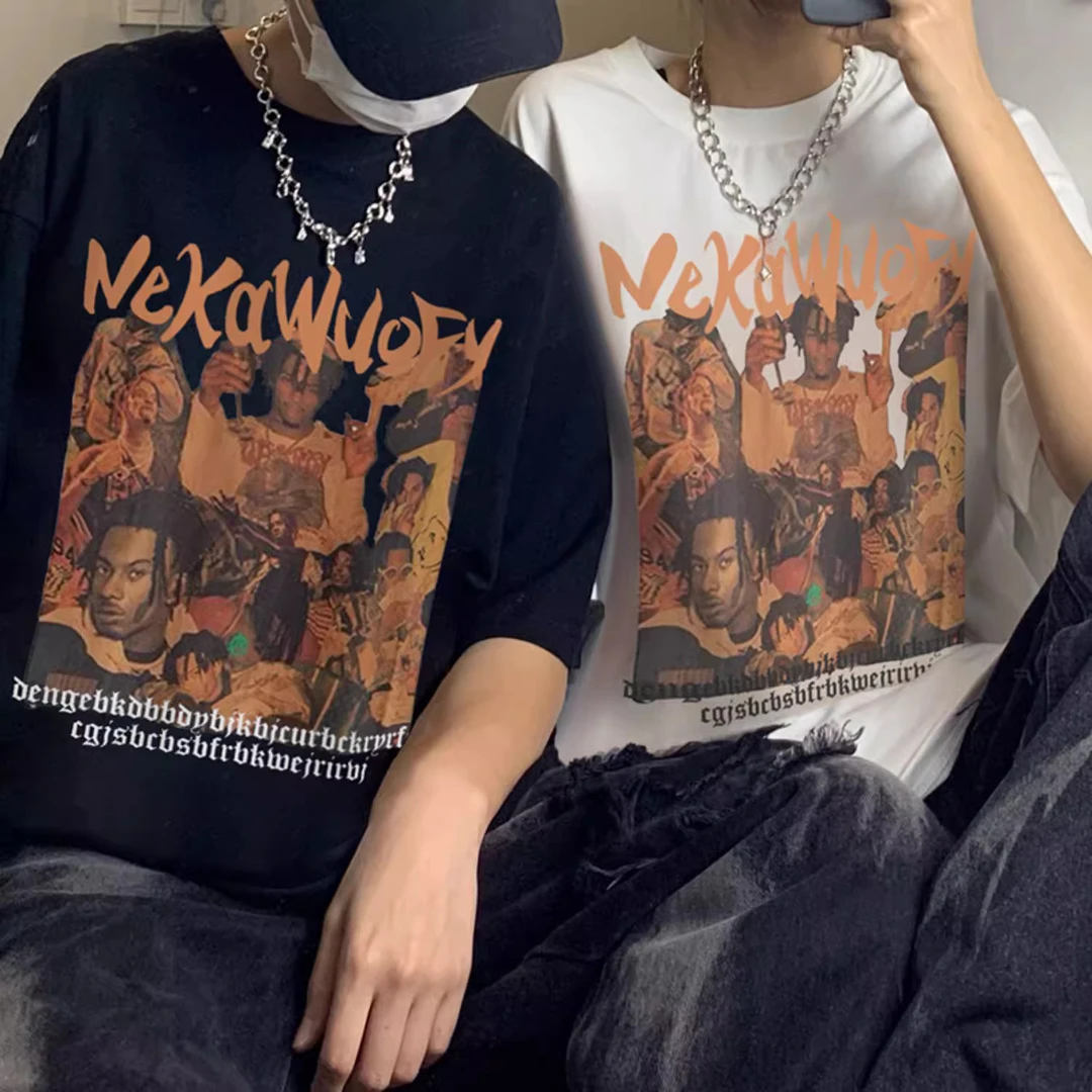 夏季街头设计感百搭圆领上衣美式复古人物字母印花棉纯短袖T恤男