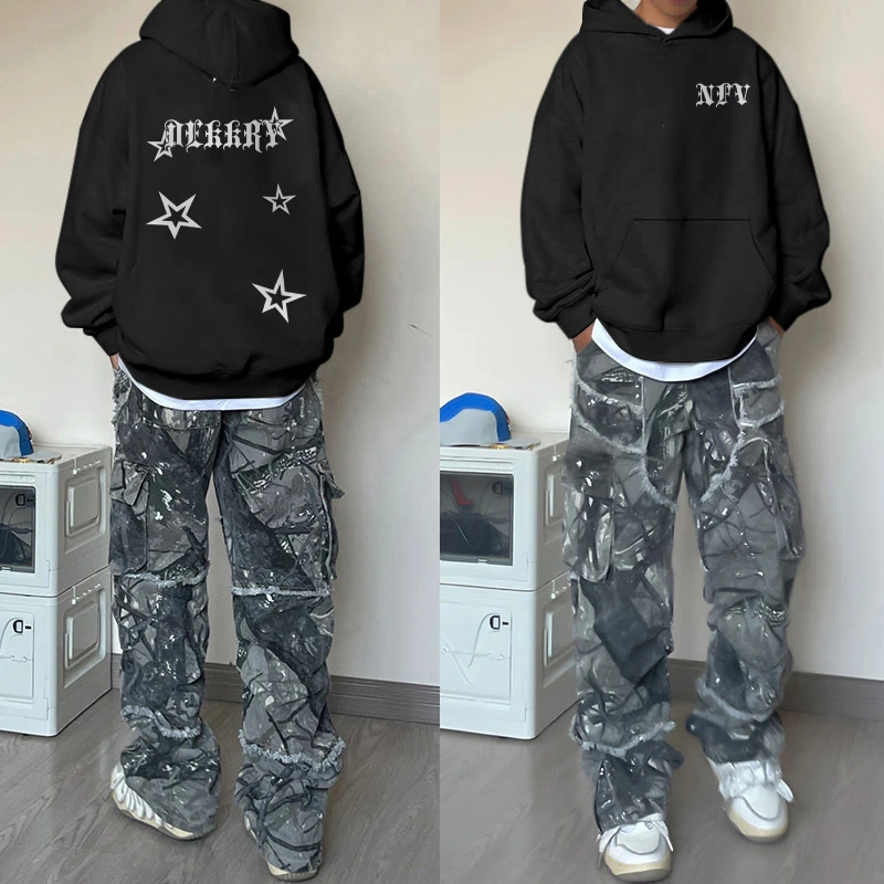 欧美式星星字母印花连帽卫衣男秋季ins潮牌宽松加绒加厚外套上衣