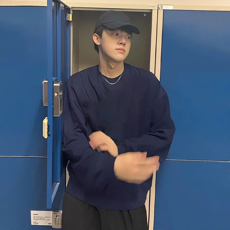 欧美式简约风基础款光板纯色圆领卫衣男秋冬加绒加厚潮牌宽松上衣