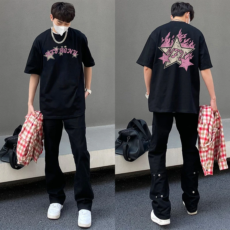 美式潮牌嘻哈星星字母印花棉纯短袖t恤男女街头设计感夏季上衣ins
