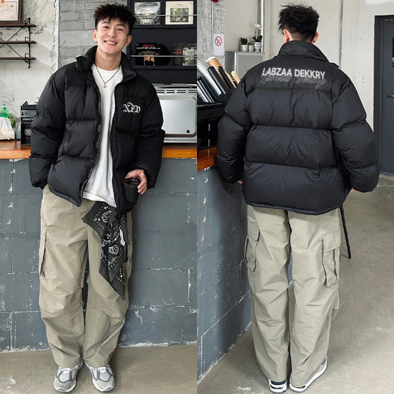 美式简约风字母立领面包服男秋冬季潮牌百搭加绒加厚保暖棉服外套