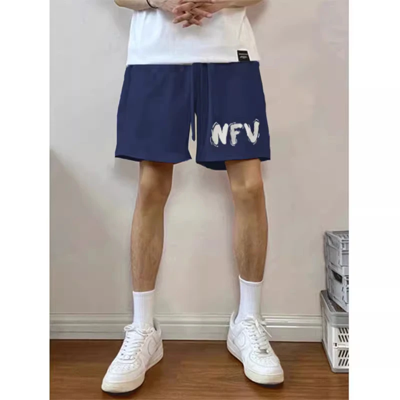 夏季街头风宽松百搭藏青色抽绳运动裤简约字母印花五分休闲短裤男