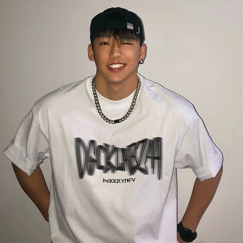 hiphop欧美式嘻哈潮牌虚幻字母印花棉纯短袖t恤男小众设计感上衣