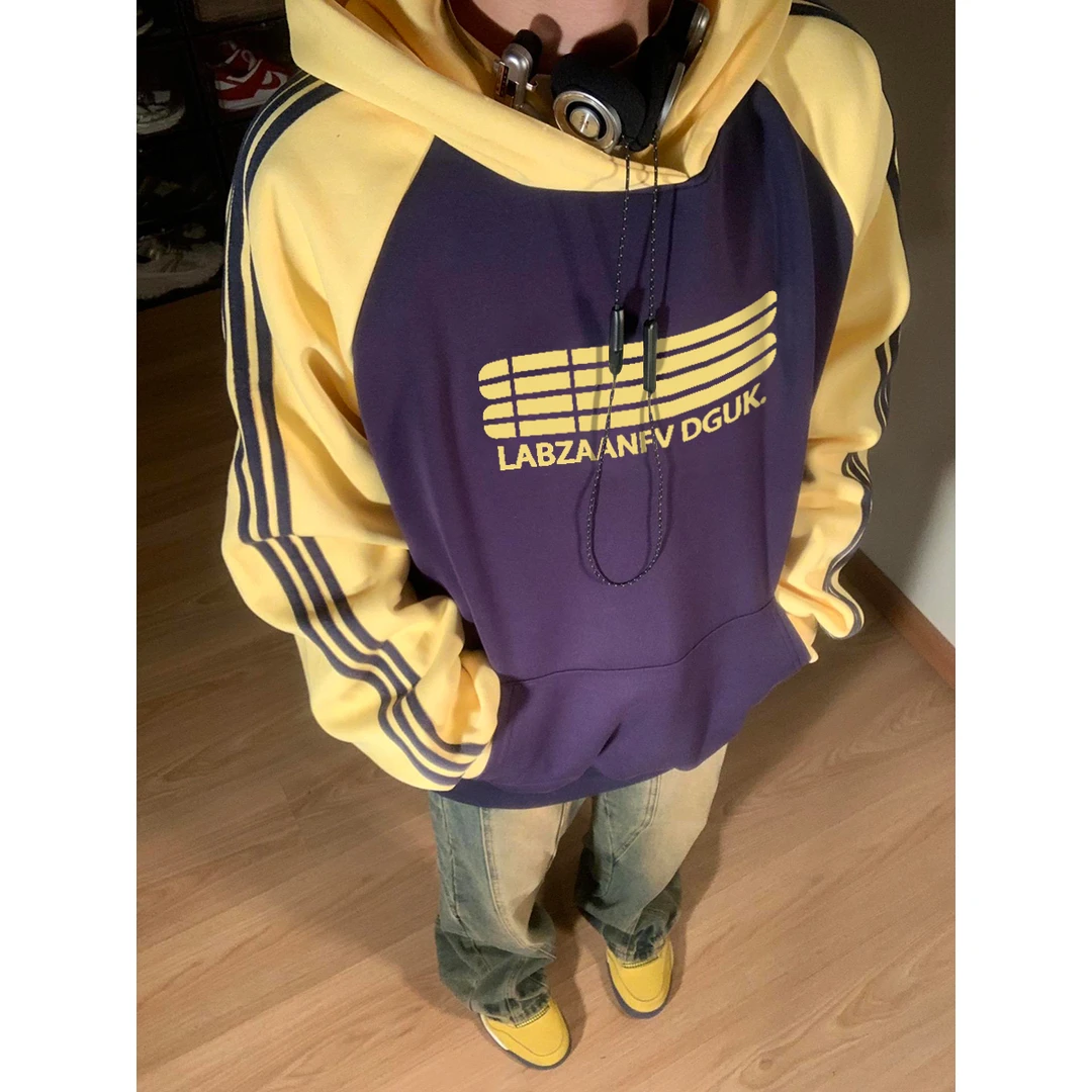 美式ins潮牌高级感印花连帽秋冬季男拼接三条杠卫衣加绒加厚上衣