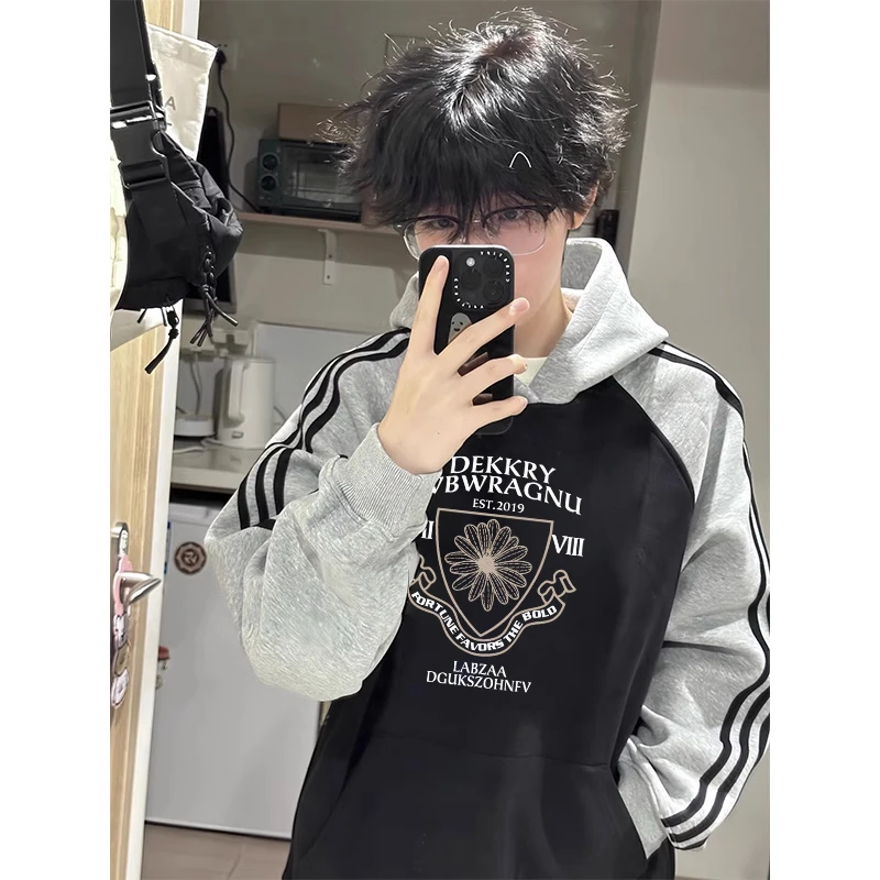 美式潮牌字母印花三条杠连帽卫衣男秋季ins宽松休闲百搭外套上衣