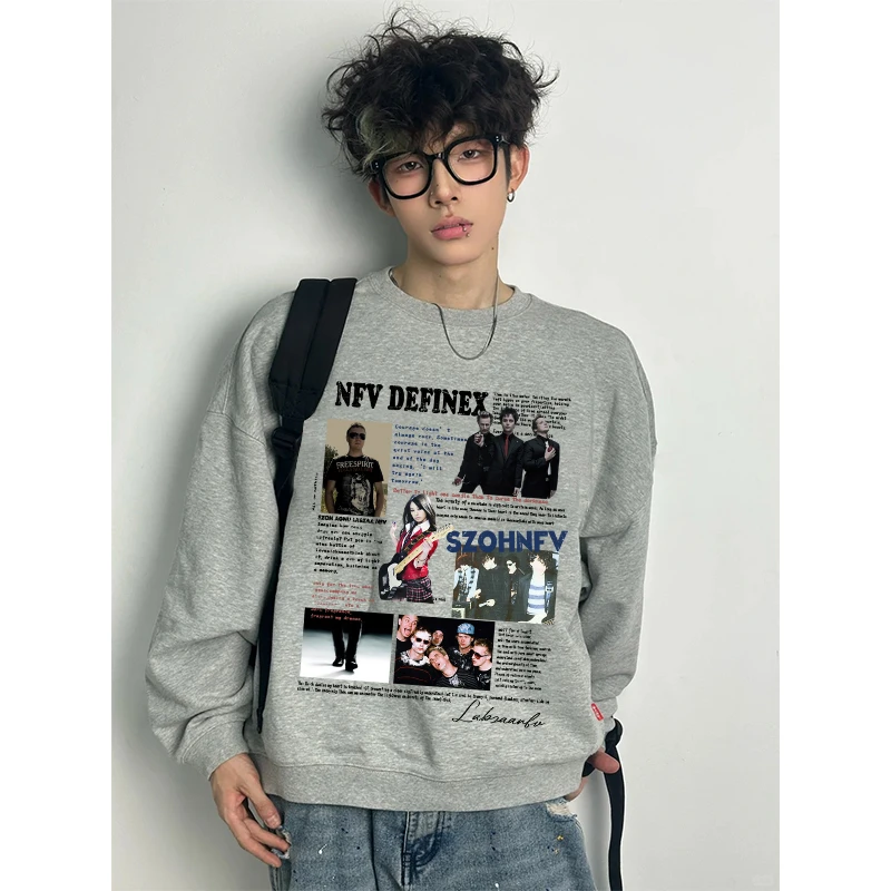 美式复古人物字母印花圆领卫衣男秋冬季高街百搭宽松重磅套头上衣