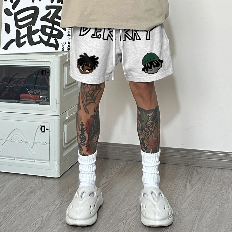 ins潮牌美式卡通印花休闲短裤男夏季百搭宽松抽绳运动直筒五分裤