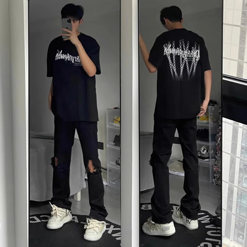 国潮牌创意锁链字母印花短袖T恤男夏季嘻哈百搭宽松情侣纯棉上衣