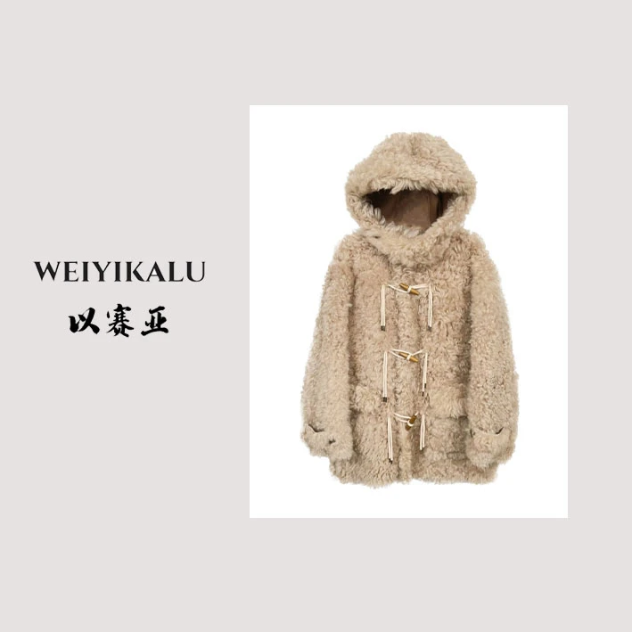 以赛亚 牛角包包 23年皮草牛角扣连帽中长款进口皮毛一体外套2316