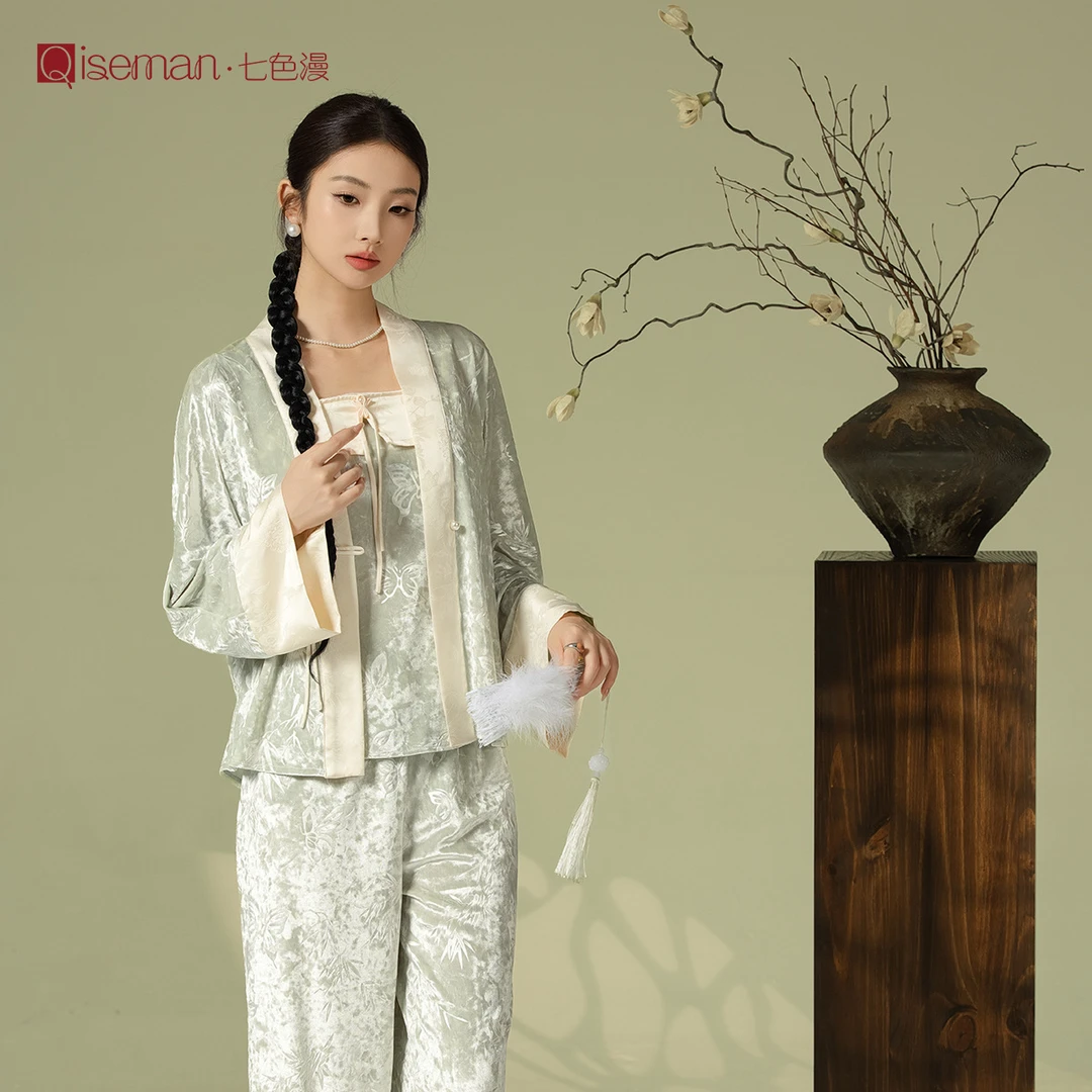 金钻绒压花新中式国风睡衣三件套带胸垫性感女士家居服秋冬高级感