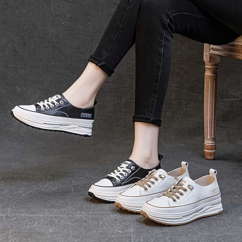 2024早春新款小个子厚底增高休闲鞋女浅口一脚蹬拼色系带小白鞋