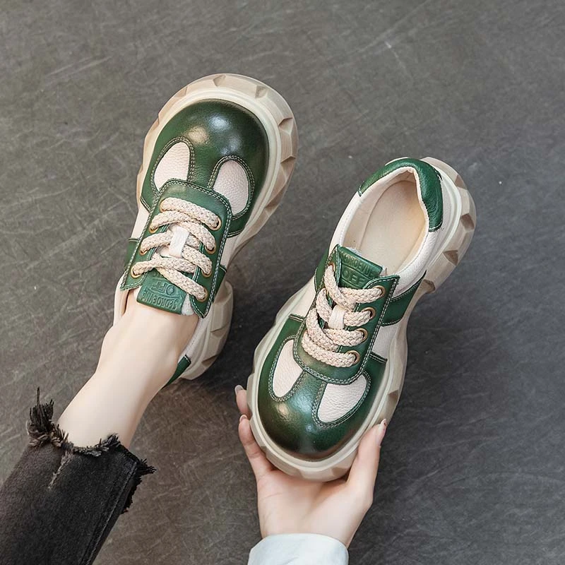 头层牛皮复古民族风浅口系带休闲鞋女轻便舒适厚底增高鞋百搭单鞋