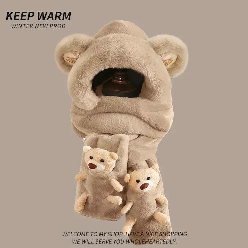 帽子围巾一体女秋冬季保暖加厚防寒风学生骑车毛绒围脖三件套Q214