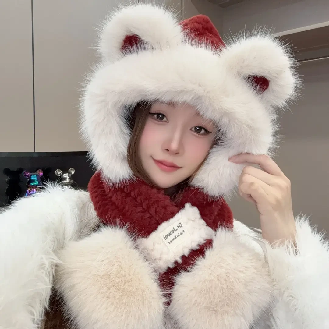 新款可爱小熊耳朵毛绒帽子女秋冬帽围脖一体学生保暖防寒护耳Q102