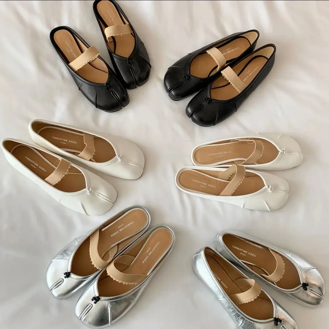 赵露思同款马吉拉分趾鞋银色复古女鞋猪蹄平底单鞋女半拖鞋 软底