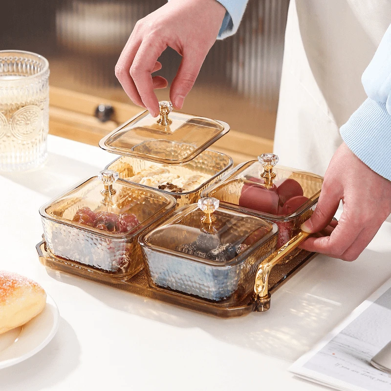 9件套小吃碟4分格零食盒网红轻奢家用创意简约欧式分格带盖K635