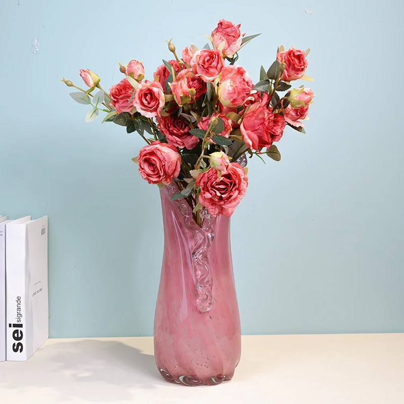 K767现代化轻奢粉色琉璃花瓶波浪花边设计客厅装饰摆件插花器