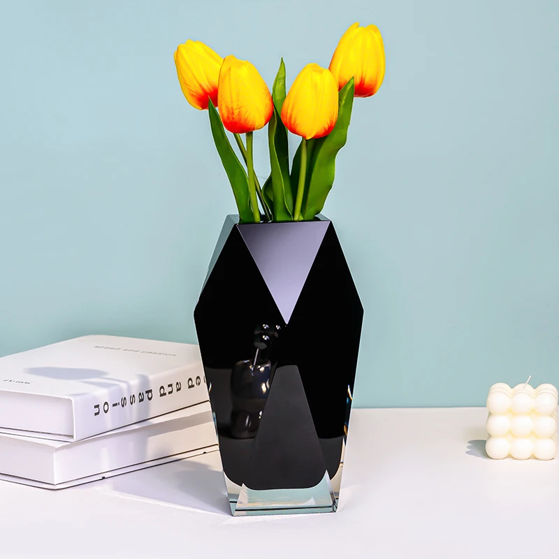 H934现代简约黑色菱形轻奢透明玻璃花瓶桌面琉璃摆件