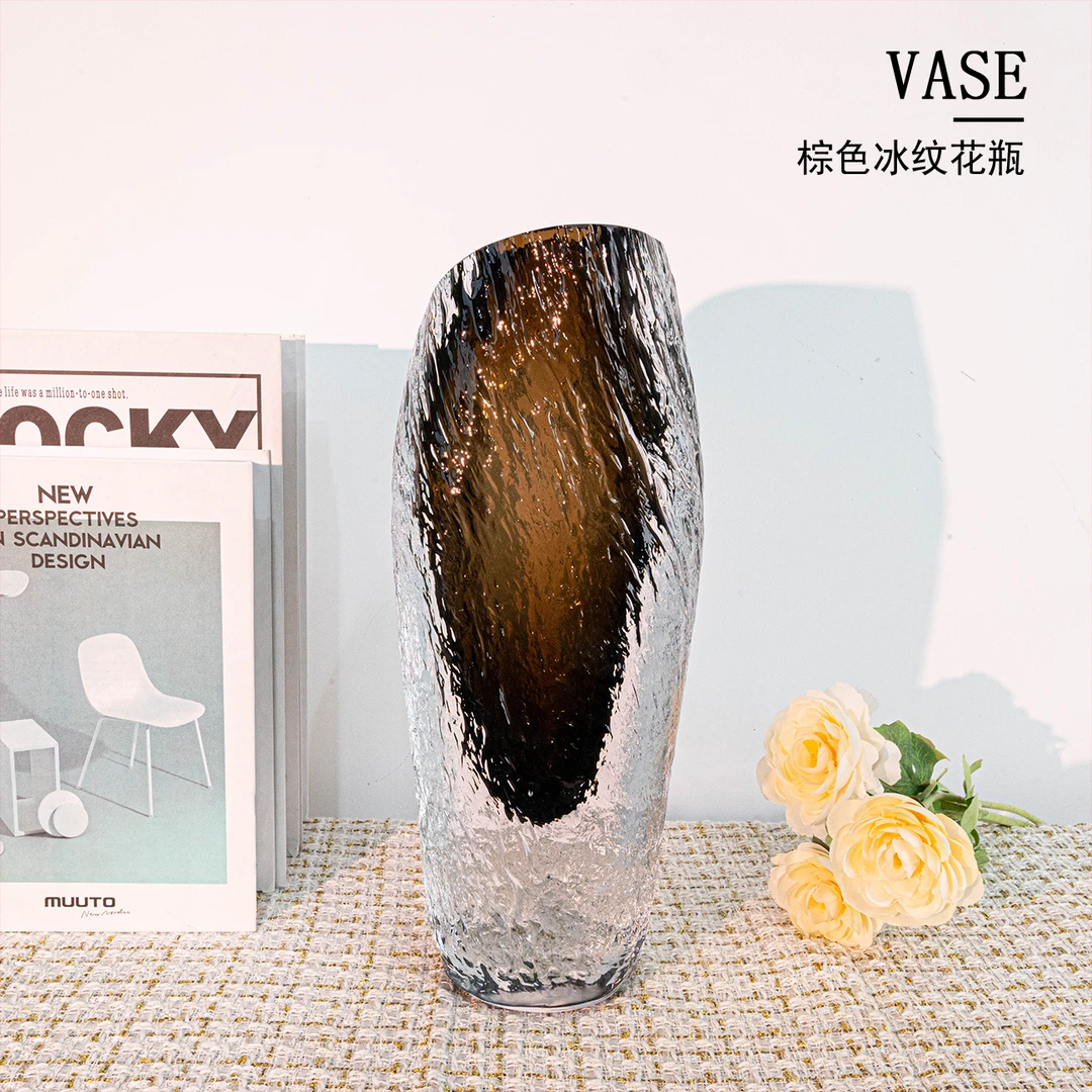 [豆豆]J126时尚简约轻奢巧克力色冰川琉璃花瓶客厅客厅上档次花瓶
