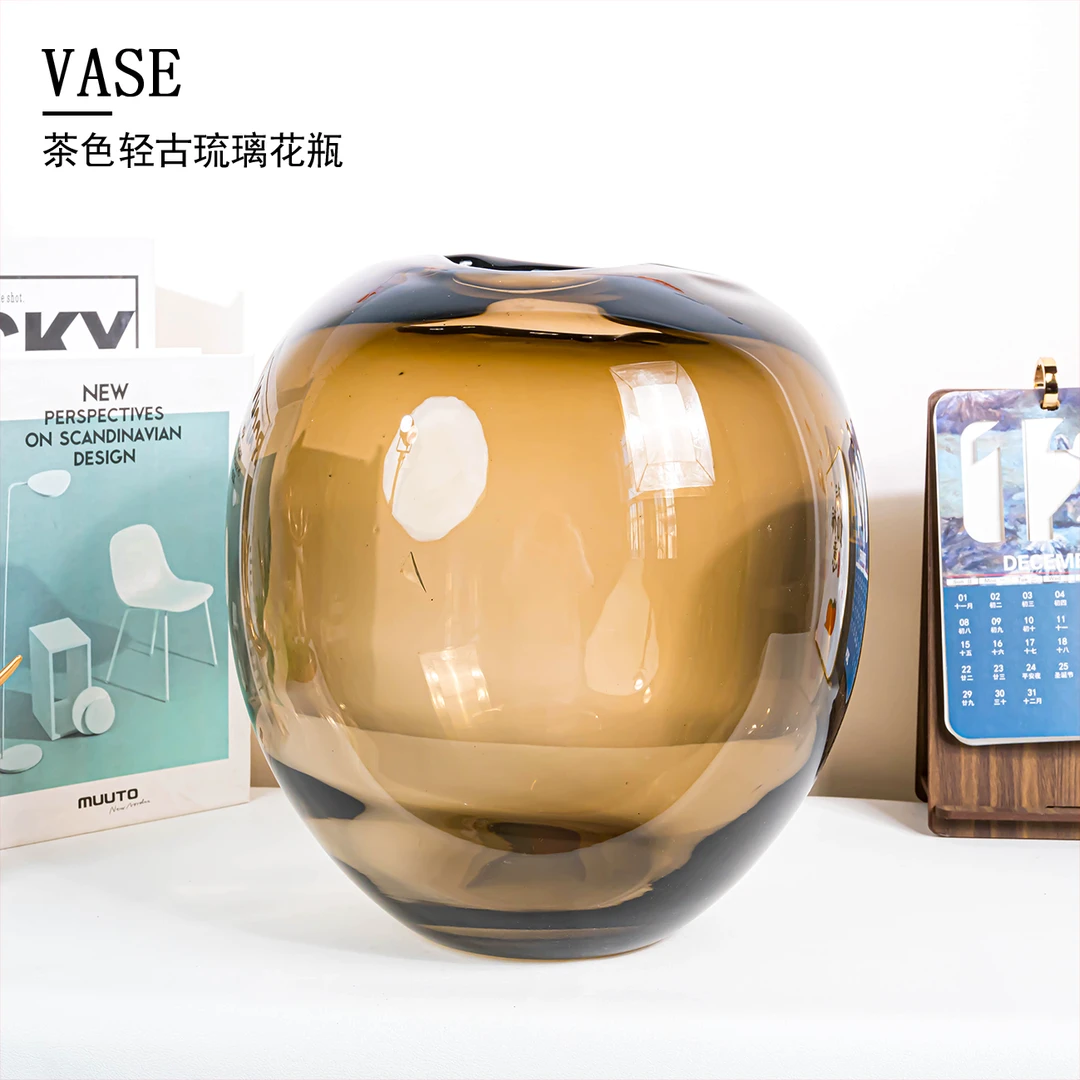 [豆豆]J672欧式轻奢时尚茶色透明圆花瓶桌面装饰花器