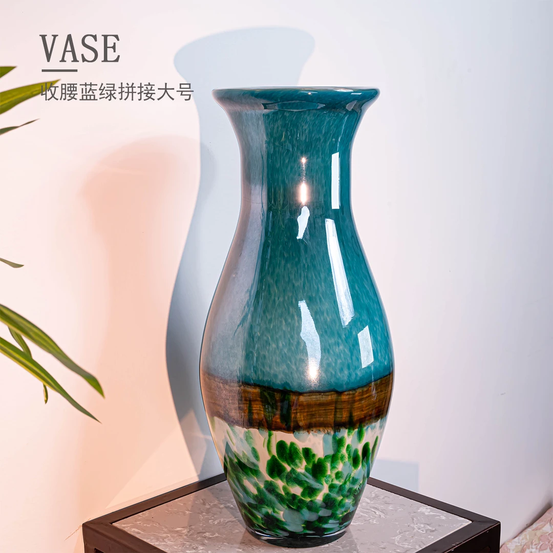 F895复古欧式蓝绿拼接大号插花桌面花瓶时尚花卉装饰花器
