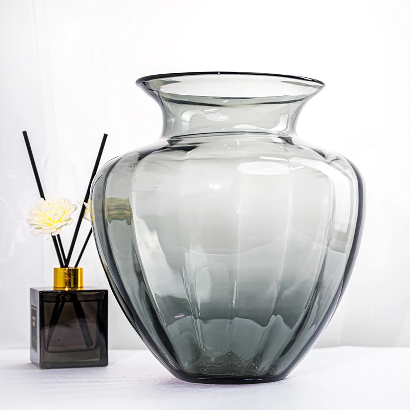 [豆豆]J814中式简约风灰色大罐透明玻璃花瓶插花鲜花琉璃花瓶X