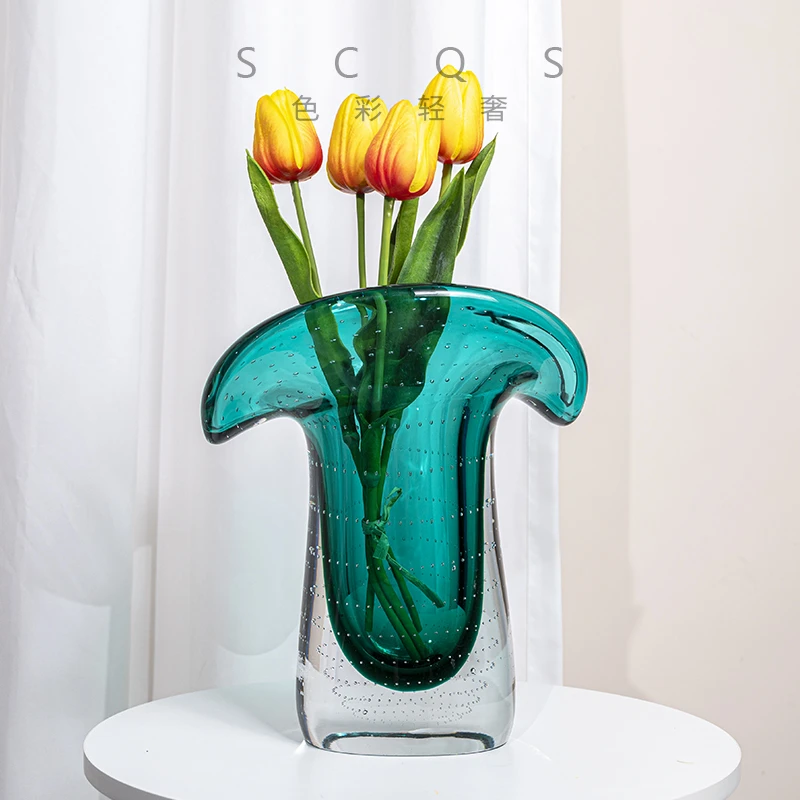 [轻奢]H387欧式湖水绿色绽放琉璃花瓶玻璃轻奢高级感摆件水培器皿