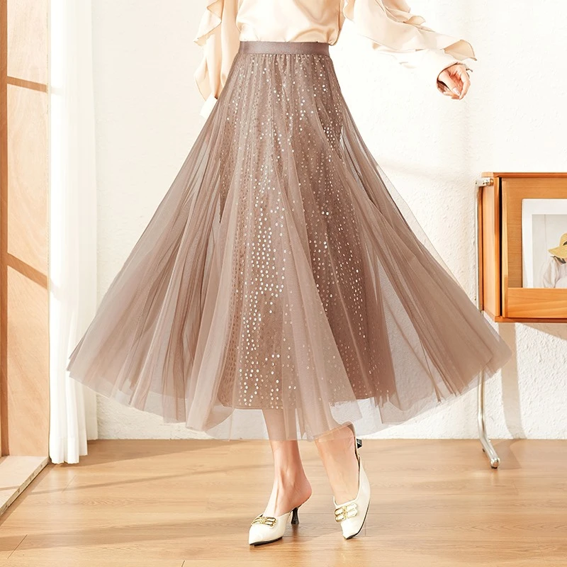 2024新款显瘦气质半身裙高腰百搭中长款百褶裙亮片星空网纱裙