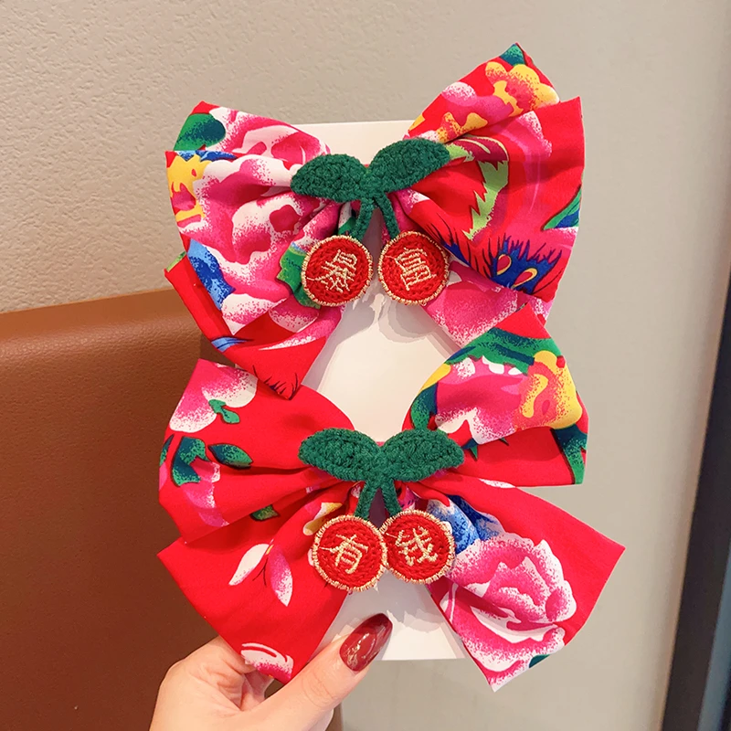 冬季儿童东北大花潮款花朵蝴蝶结发夹头饰小女孩拍照打卡喜庆发饰